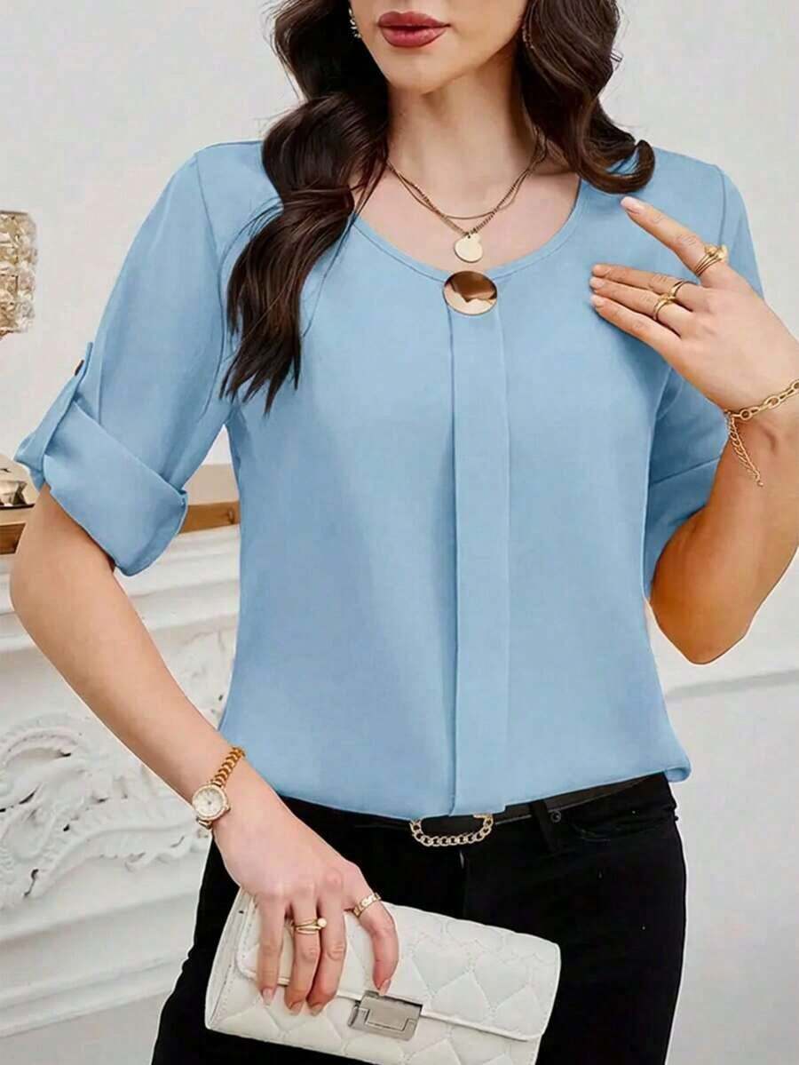 Clasi Blusa casual sencilla para uso diario con cuello redondo, manga corta y botones delanteros para mujer - Azul - Ver 1