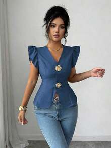 Flora Isola Cárdigan elegante de mujer con cuello en V y decoración de hebilla metálica, cintura ajustada y mangas con volantes, blusa refinada para damas - Azul - Ver 5