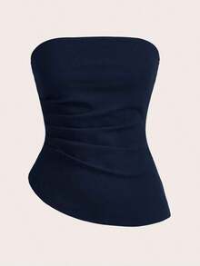Top tubo sencillo y elegante con cintura fruncida, adecuado para verano, top tubo azul marino, tops tubo para mujer, top sin tirantes para mujer, top tubo azul marino - Azul marino - Ver 6