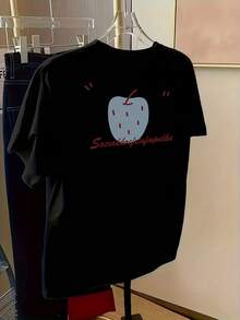 Women's Soft And Breathable Apple Print T-Shirt - Casual Round Neck Short Sleeve Blouse, Machine Washable, Ideal For Spring/Summer - Comfortable And Casual Women's Clothing - 黑色 - 查看 8
