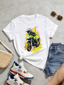 Women's Soft, Casual, Short-Sleeved T-Shirt With A Round Neck, Featuring A Biker, Racing Driver, WRC, Mechanic, 90s American Street Style, Sporty, Off-Road, And Competitive Sports Look. White. - 白色 - 查看 3