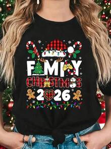 New 2026 Playera estampada Family Christmas 2026 ajuste regular cuello redondo manga corta fiesta suave - Negro - Ver 1
