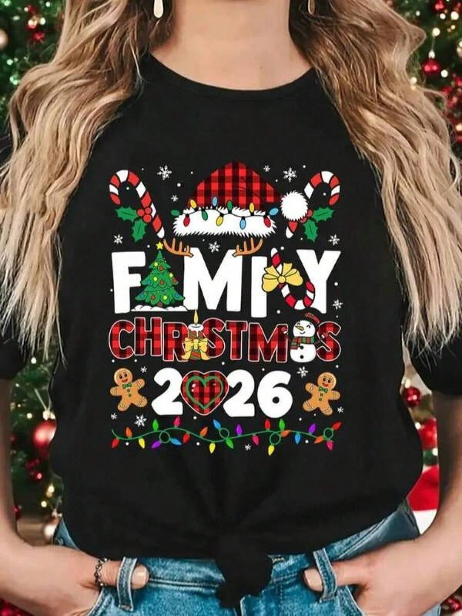 New 2026 Playera estampada Family Christmas 2026 ajuste regular cuello redondo manga corta fiesta suave - Negro - Ver 1