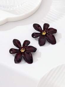 1Pair Chic Statement Earrings - Bold Deep Red Flower Earrings With Glossy Enamel And Gold Accent For Evening & Party Wear - Burgundy - View 6