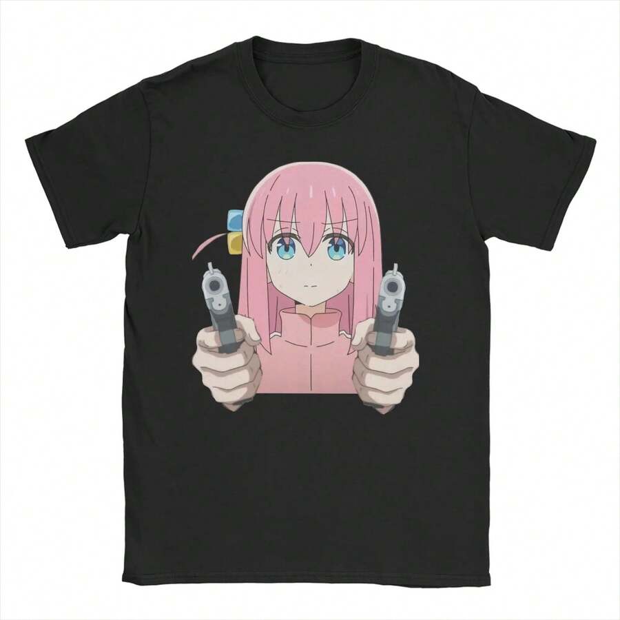 Bocchi Gotoh Hitori Unisex Cotton T-Shirt By M1en WoM1en, Bocchi The R1OCk, Humorous Print Cotton T-Shirt With Crew Neck And Short Sleeves. Made From Thick 220g Cotton, This Unisex T-Shirt Is Soft, Breathable, And Has Excellent Elasticity. It's Skin-Friendly And Comfortable For All-Day Wear. The Classic, Casual Design Is Easy To Match And Perfect For Everyday Outings, Streetwear, Sports, Dates, And Casual Get-Togethers Year-Round. - 黑色 - 查看 1
