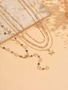 4pcs/Set Delicate Niche Star Rhinestone Y-Shaped Necklace, Casual Versatile Multi-Layer Gold Chain Layered Necklace For Women, Suitable For Daily Wear, Music Festivals, Dates - The Rhinestone Colors Are Randomly Arranged - Multicolor - View 3