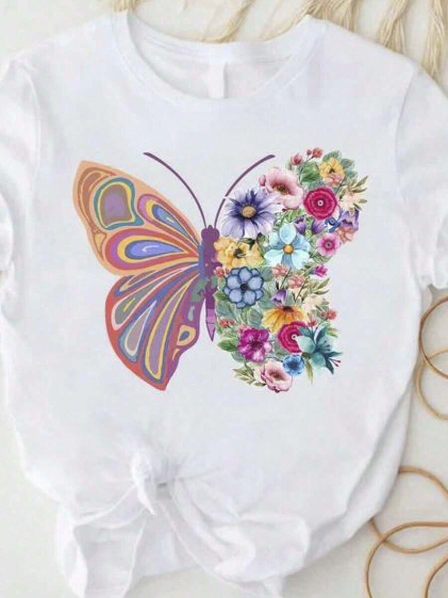 Women's T-Shirt With Floral Butterfly Print, White Background With Multicolored Flowers And Butterflies, Lightweight And Breathable, Summer Top For Casual, Formal Or Everyday Wear, Ideal Birthday Or Anniversary Gift For Nature Lovers - 白色 - 查看 1