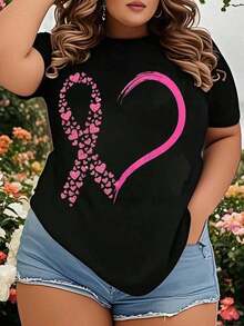 Women's Pink Breast Cancer Awareness T-Shirt - Heart Design With Leopard Print, White T-Shirt To Support The Fight Against Breast Cancer, Perfect For October Breast Cancer Awareness Month, Comfortable Cotton T-Shirt For Charity Events And Everyday Wear - 黑色 - 查看 7