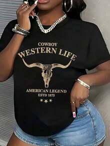 Comfortable "Western Cowboy Horn" Pattern, Comfortable Retro Style, Suitable For Everyday Wear - Retro Casual Top, Soft And Stretchy Round Neck, Suitable For Spring, Summer And Autumn, Women's Casual Shirt; Women's T-Shirt; Women's Spring And Summer Clothing; Loose And Versatile Short-Sleeved T-Shirt For Women - 黑色 - 查看 1