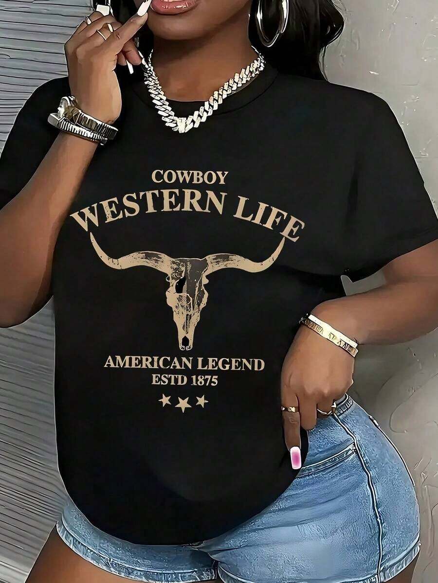 Comfortable "Western Cowboy Horn" Pattern, Comfortable Retro Style, Suitable For Everyday Wear - Retro Casual Top, Soft And Stretchy Round Neck, Suitable For Spring, Summer And Autumn, Women's Casual Shirt; Women's T-Shirt; Women's Spring And Summer Clothing; Loose And Versatile Short-Sleeved T-Shirt For Women - 黑色 - 查看 1