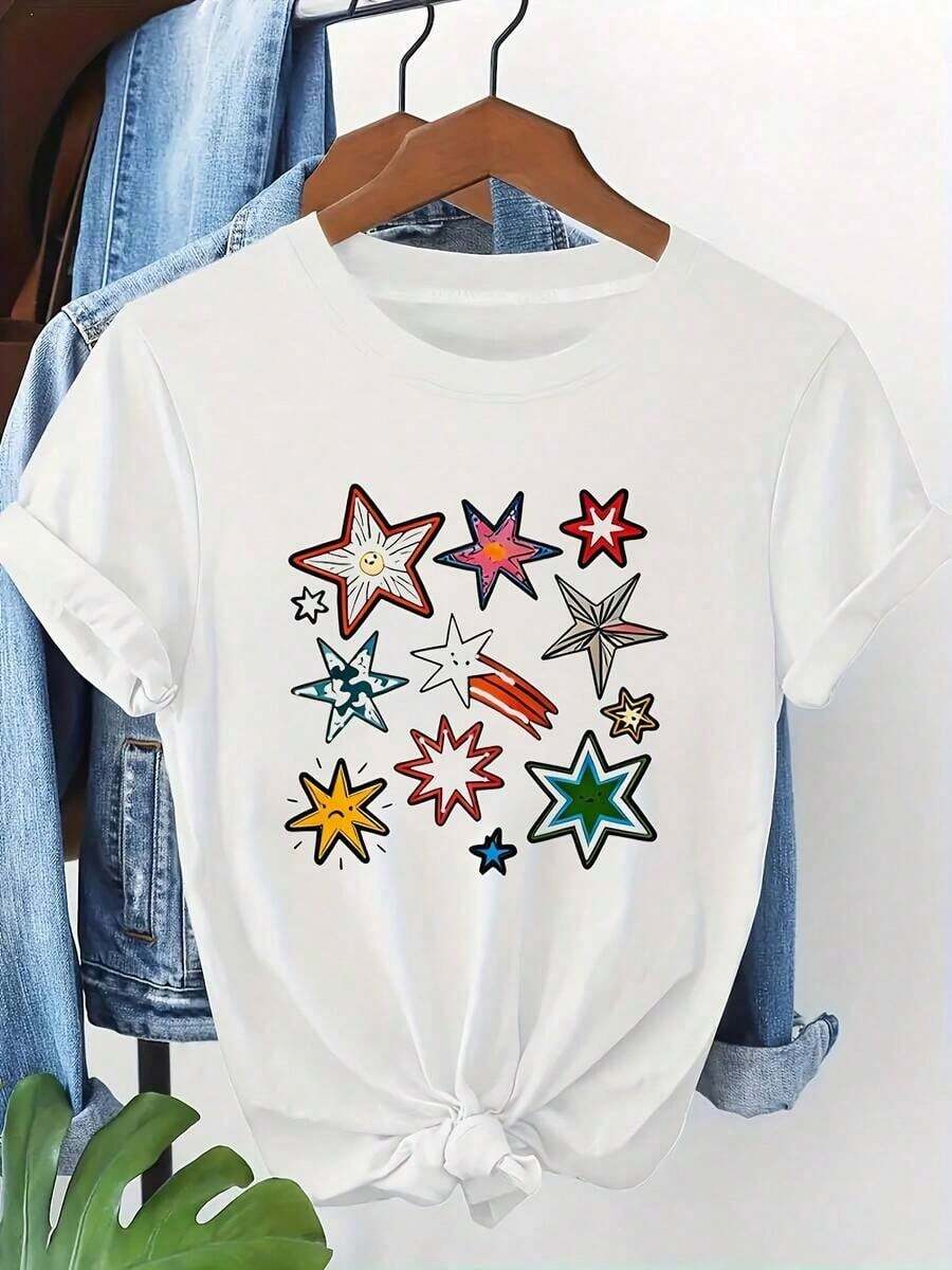 Women's Short Sleeve Blouse - Star Print, Round Neck, H-Cut Summer Top, High Stretch Fabric (Not- | Casual Spring/Summer/Autumn Wear | Machine Washable Layering Garment | Not Suitable For Lifestyle Women's Blouses>Shirt - 白色 - 查看 1