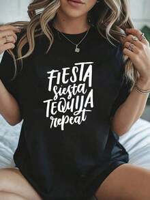 Women's Fiesta Siesta Tequila Repeat Shirt, Mexican, Cinco De Mayo - 100% Graphic Tees, Summer Clothes, Casual Daily - 黑色 - 查看 6