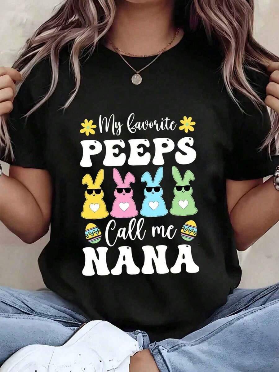 Soft, Breathable, And Lightweight For All-Day Comfort. Women's "Call Me Nana" Print T-Shirt, Crew Neck, Easter Gift, 220g. Classic Neckline With A Relaxed Fit That Flatters All Body Shapes And Is Easy To Pair With Jeans, Shorts, And Leggings. - 黑色 - 查看 1