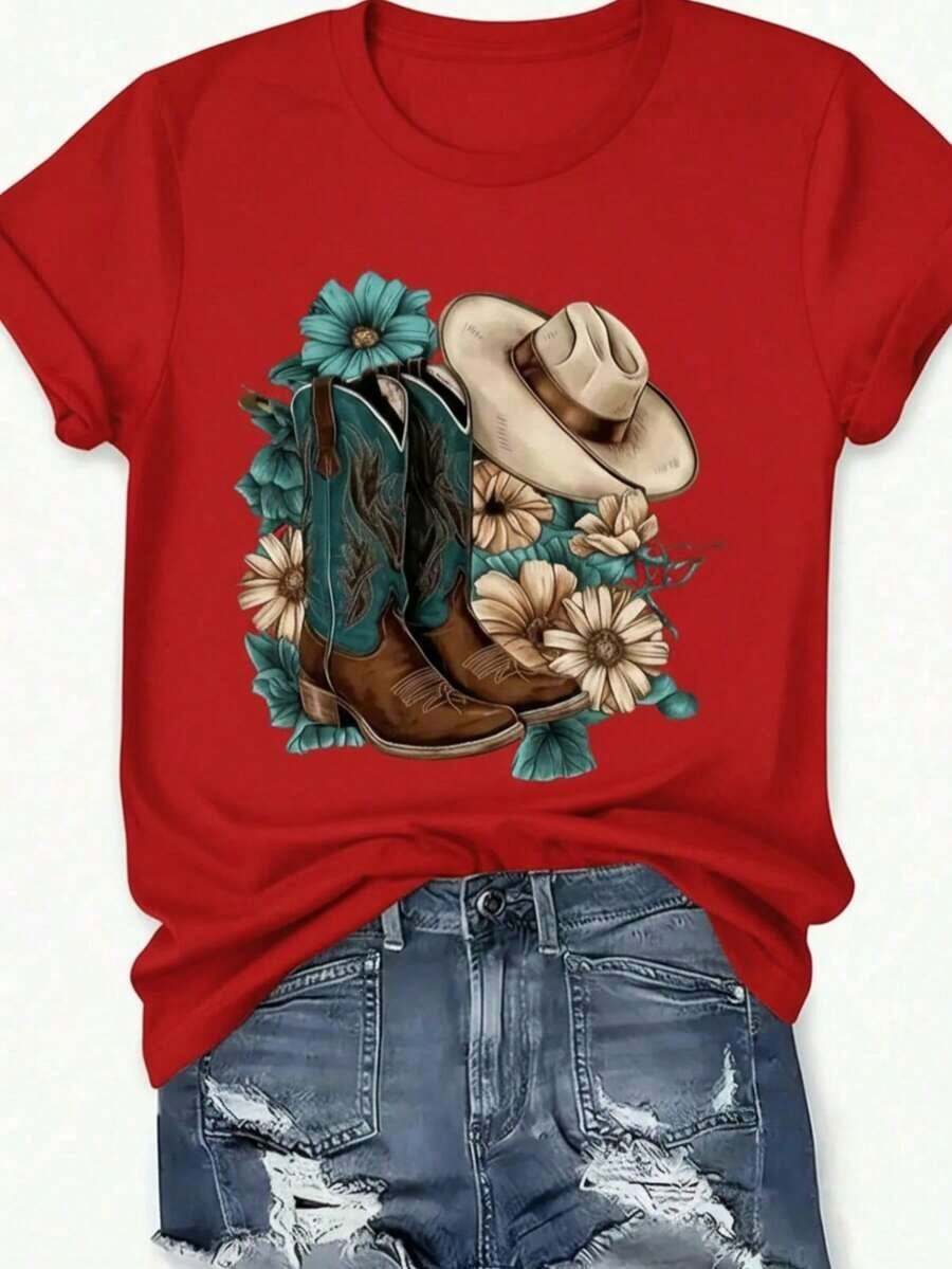 Camiseta playera gráfica dama mujer manga corta cuello redondo casual cómoda fresca ligera moderna juvenil corte regular estampado botas vaqueras flores flor floral sombrero femenina cowboy - Rojo - Ver 1