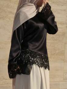 New Arrival Plus Size Women's Fashion Elegant Lace Patchwork Long Sleeve T-Shirt Black - Black - View 2