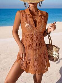 Cubre vestido de punto calado de unicolor para mujer, para el verano - Naranja Quemada - Ver 1