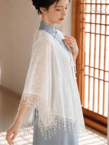 2026 New Elegant Versatile White Lace Hollow Out Fringed Shawl, Retro Style For Spring And Summer - White - View 1