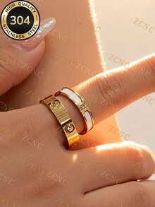 Bộ 2 nhẫn xếp chồng bằng thép không gỉ 304 mạ vàng - Nhẫn tối giản đính cỏ ba lá và đá pha lê trắng, trang sức không gây dị ứng, món quà hoàn hảo cho Ngày của Mẹ và phụ kiện cho kỳ nghỉ hè. - Vàng - Xem 3