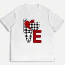 Plaid Heart Print T-Shirt,  And Cute Women's Shirts, Casual Daily Wear, Soft And Comfortable, Summer T-Shirts, Valentine's Day Gifts, Printed Tops - 白色 - 查看 4