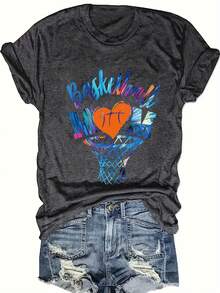 New Fashion Women's Round Neck T-Shirt, Colorful Cotton Women's T-Shirt With Gradient Heart Prints And Basketball Lettering, Size, Round Neck, Universal Basic Style, Versatile Design For Summer. - 白色 - 查看 8