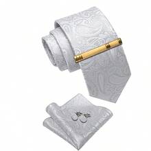 5 PIEZAS Juego de corbata de hombre con estampado de cachemira plateado - Incluye pañuelo de bolsillo, gemelos y clip de corbata dorado, corsage, corbata formal festiva para días festivos - Plateado - Ver 2