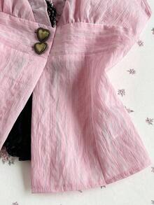 Camisa sin mangas con cuello en V rosa a rayas, encaje y parches, camisa sexy y elegante para fiestas, encanto sexy para vacaciones en la playa, festival de música Y2K primavera/verano - Rosa - Ver 3