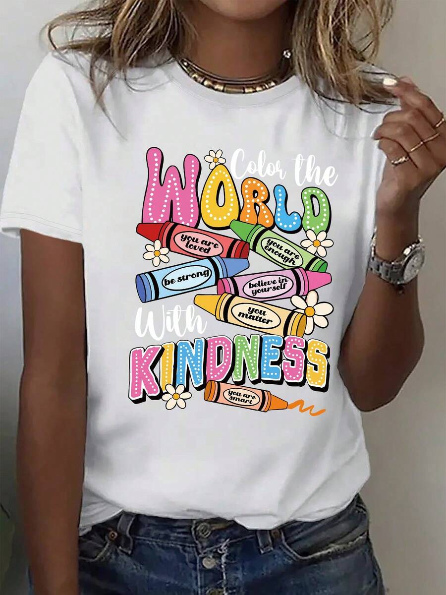 (001 # ) Fashionable Women's T-Shirt, Printed Design, Round Neck, Casual Short Sleeve T-Shirt For Women - 白色的 - 查看 1