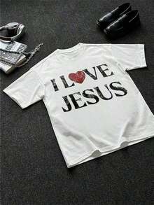 Men's Premium Unisex Casual T-Shirts 2026 AF, 100% Cotton, With Distressed "I Love Jesus" Graphic Print, Perfect For Everyday Wear By Christian Men, It's An Ideal Gift Choice. - 白色 - 查看 2