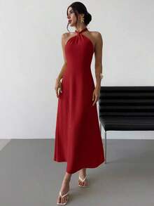 Vestido largo suelto sin mangas y sin espalda, elegante para vacaciones y fiestas, romántico y de moda para el verano, la playa - Rojo - Ver 8