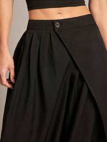 Pantalones casuales de unicolor asimétricos para mujer, pantalones de diseño suelto con cordón, longitud hasta el tobillo con botón y cremallera con pliegues - Caqui - Ver 11