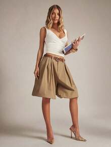 Pantalón corto/largo de mujer con dobladillo acampanado y fruncido - Caqui - Ver 6