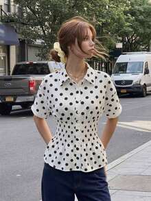 Blusa con cintura ceñida con estampado de lunares para mujer, nueva colección primavera/verano - Blanco - Ver 9