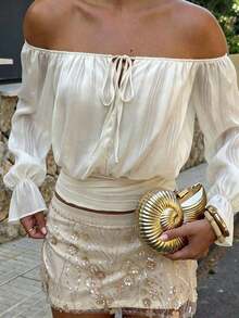 Lucivie Blusa blanca elegante y casual de hombros descubiertos para el verano - Blusa de manga larga con volantes y puños a rayas transparentes con lazo delantero, perfecta para vacaciones en la playa, fiestas y uso diario casual, conjunto elegante casual para vacaciones en la playa y eventos de noche, versátil para vacaciones de verano, fiestas y ropa de estar en casa - Albaricoque - Ver 11
