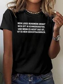 Camiseta casual de manga corta y cuello redondo con estampado "For Life" en alemán, perfecta para primavera y verano, diseñada para mujer - Negro - Ver 1