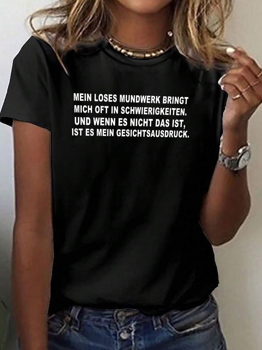 Camiseta casual de manga corta y cuello redondo con estampado "For Life" en alemán, perfecta para primavera y verano, diseñada para mujer - Negro - Ver 1
