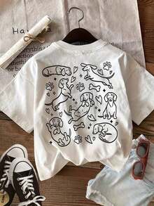 Women's Casual Loose Fit T-Shirt With "Dachshund Dog" Print, Breathable And Comfortable, Short Sleeve, Round Neck, 100% Cotton, Double-Sided Print, Soft Fabric, Perfect For Everyday Wear And Urban Style For Dog Lovers. - 白色 - 查看 2
