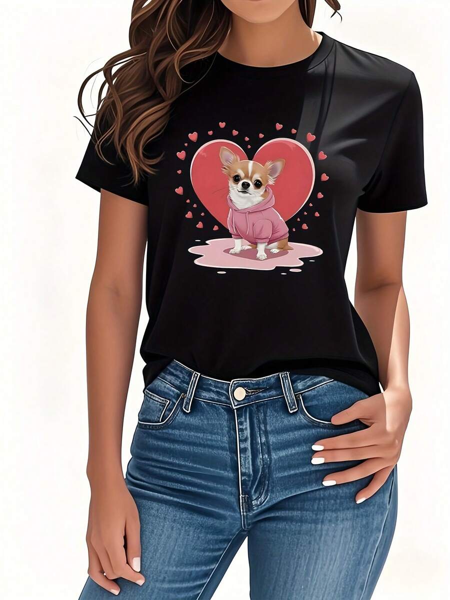 Women's T-Shirt With An Adorable Chihuahua Print, Short-Sleeved, Round-Neck Women's Clothing, Modern And Versatile Casual Style, Suitable For Daily Wear, Parties, Dates, And As A Birthday Gift. - 黑色 - 查看 1