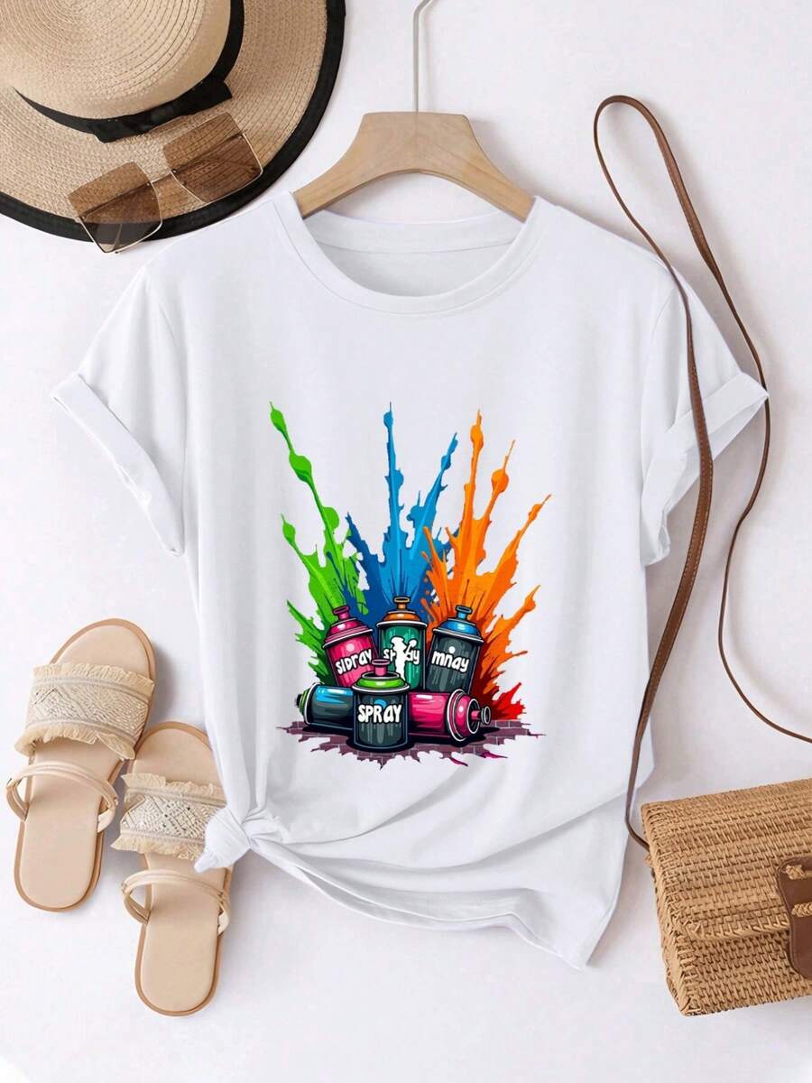 Women's T-Shirt: Comfortable And Casual Short-Sleeved T-Shirt With Round Neck, Colorful Spray Paint Pattern Print, Vibrant Design, Regular Length, Suitable For All Seasons, Everyday Fashion, Ideal For Women's Spring And Summer Clothing. - 白色 - 查看 1