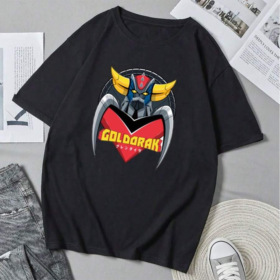 Camiseta unisex Goldoraks---ufo-robot con estampado de dibujos animados retro de anime. Camiseta informal de verano de corte holgado. - Negro - Ver 1