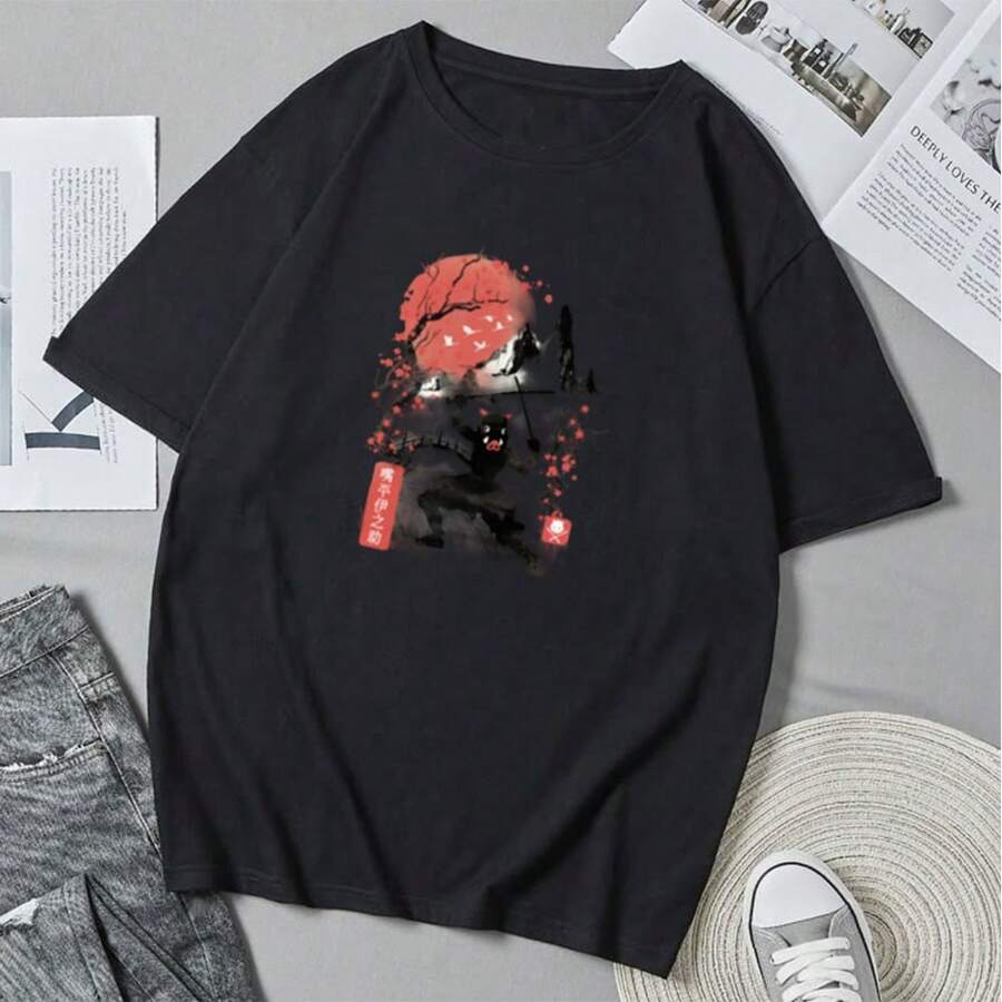 Camiseta unisex con estampado de acuarela de Inosukess y dibujos animados, ideal para el verano. Camiseta informal de cuello redondo. - Negro - Ver 1