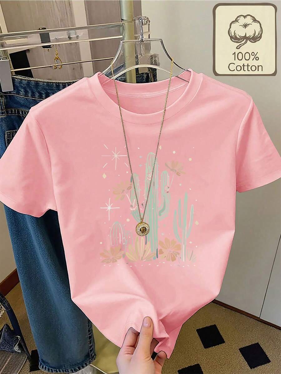 Camiseta 100% con estampado de cactus y flores, cuello redondo, manga corta, ropa de verano casual, cómoda y transpirable para mujer - Rosa - Ver 1
