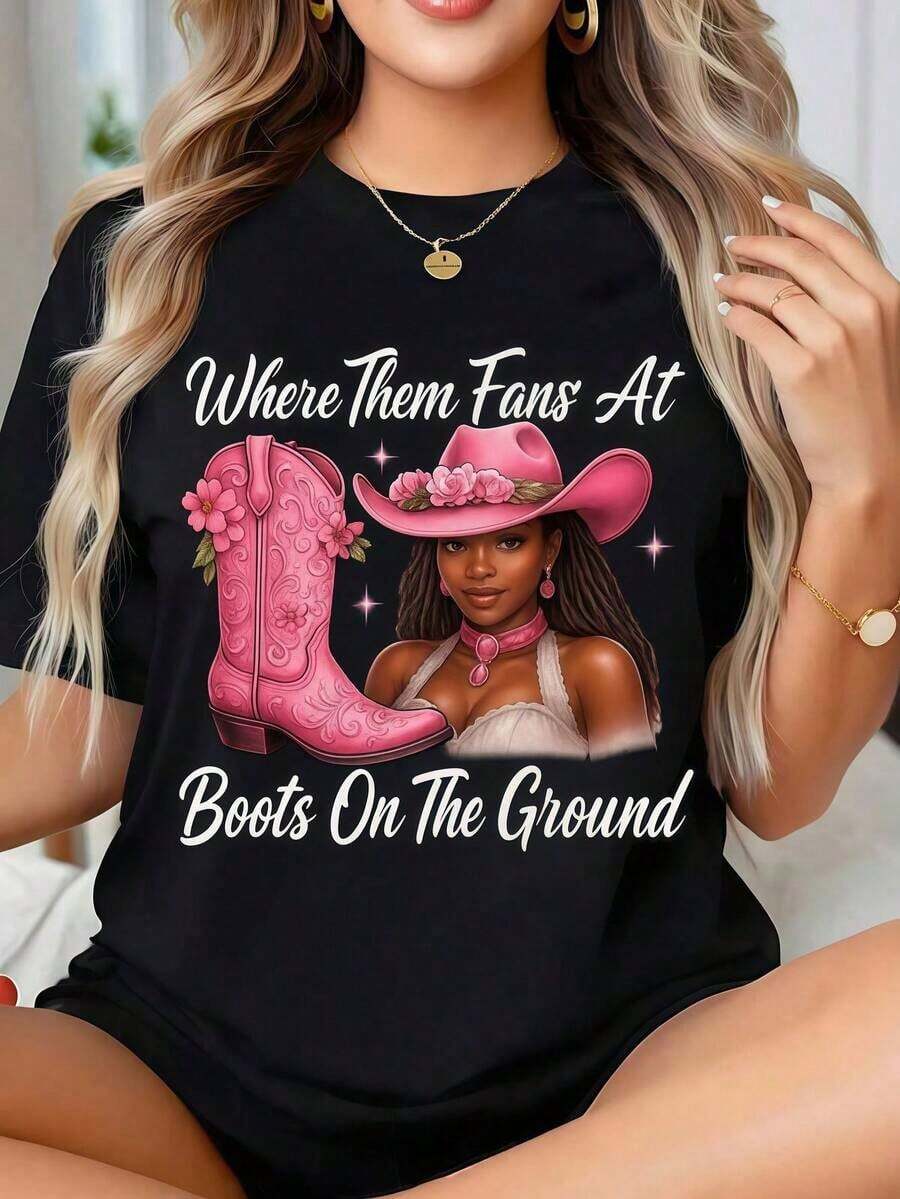 Camiseta Estilo Occidental Retro Para Mujer Botas En El Terreno De Manga Corta, Diseño De Botas Y Sombrero De Vaquero En Moda Casual, Cuello Redondo, Con Estampado Vibrante Para Uso Casual, Fie_5 Round Neck Printed Short Sleeve Casual Everyday T-Shirt, They Are Excellent Gifts For Friends And Family,100% Cotton T-Shirts Feature, A Youthful And Fashionable Design Blusas Para Mujer Camisa - Negro - Ver 1
