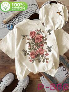 conjuntos de mujer 2026 Camiseta de manga corta con cuello redondo de algodón puro, estampada a doble cara con diseño floral vintage de rosas y colibríes, estilo cool playeras de mujer - Albaricoque - Ver 5