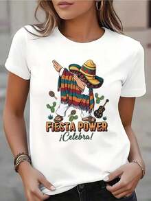 Women's Short-Sleeved Crew Neck T-Shirt With A Print Of A Mexican Man Celebrating With A Sombrero And Serape, For Casual Wear, Ideal For Celebrating Cinco De Mayo, Comfortable Fabric, Suitable For Gifting, 220g Women's T-Shirts. - 白色 - 查看 5