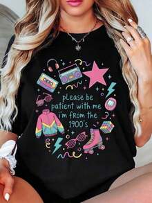 ropa de mujer Camiseta con gráficos y texto temáticos de los 90 Por favor, sean pacientes conmigo, soy del siglo XX. Para entusiastas de la moda casual y retro, camisas de mujer - Negro - Ver 1