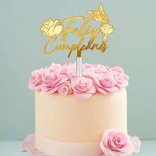 1pc/3pcs Gold Acrylic Butterfly & Rose Cake Topper, Birthday Party Decoration - Multicolor - View 4