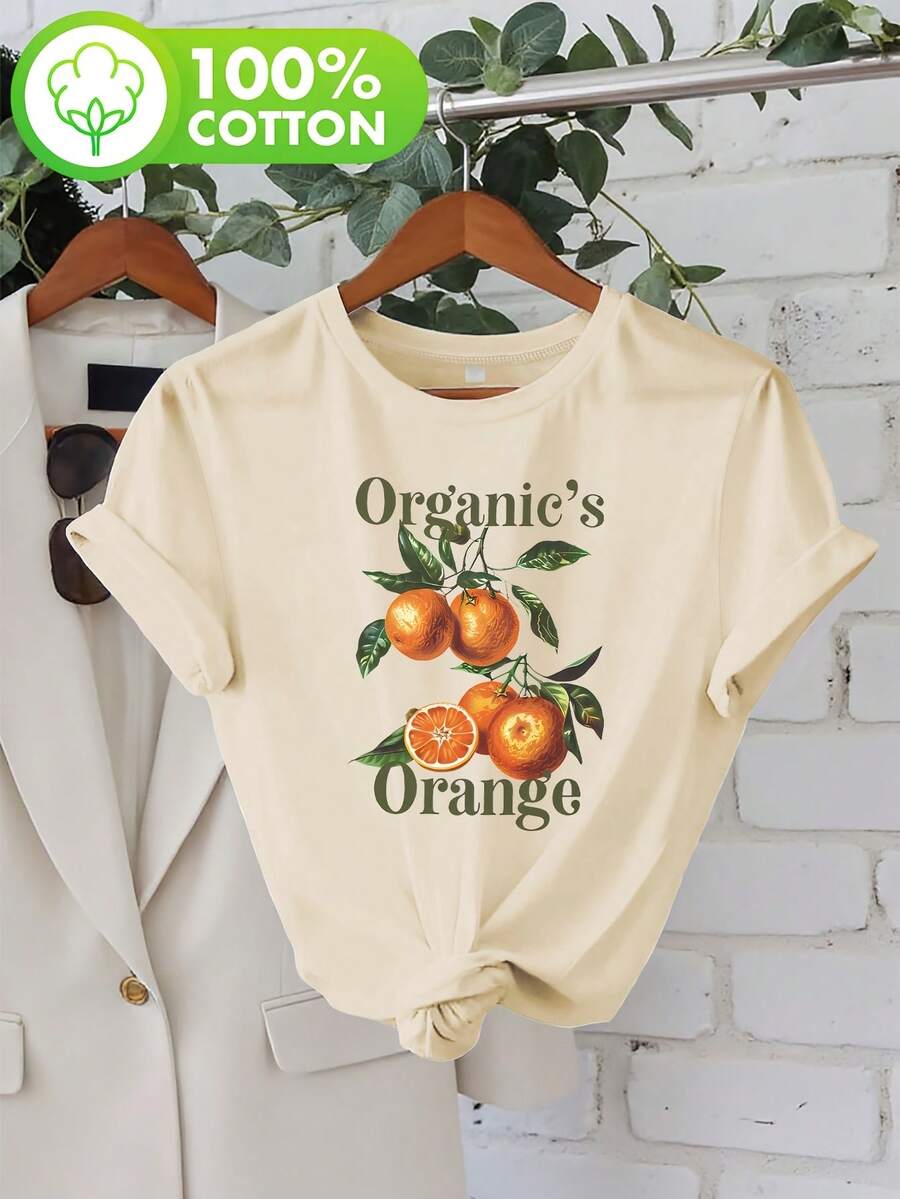 Talla Grande, Camiseta Casual de Manga Corta con Cuello Redondo y Estampado de Frutas Naranjas con Hojas para Mujer de Talla Grande - Albaricoque - Ver 1