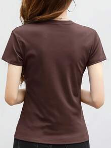 Camiseta de Moda para Mujer, de Color Sólido, Cuello Redondo, Manga Corta, Cómoda, de Algodón Estampado, Corte Holgado IEZS - Blanco - Ver 10