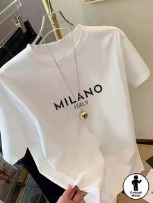 Women's 100% Oversized T-Shirt With Milan Letter Print - Short Sleeve, Crew Neck, Casual Loose Fit, Breathable For Layering, Pajamas And Casual Outfits, Ribbed Trim (Compatible With Milan Letter Print) - Machine Washable - 白色 - 查看 2