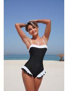 Traje de Baño de Una Pieza para Mujer, Elegante y Sexy, Color Sólido, con Volantes, Corte Ajustado, 2026 - Traje de baño negro 9344 - Ver 1